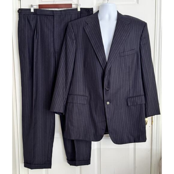 Ralph Lauren Purple Label Men's Navy Blue Pin Broken Chalk Stripe Wool Suit 46L - Picture 1 of 16